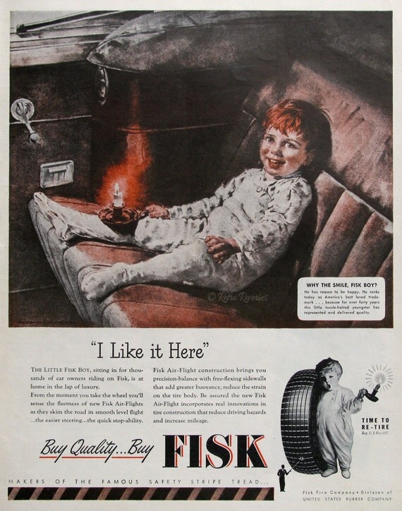 1946 Fisk Tire Company - 1940s Fisk Tire Boy Pajamas - Time to Retire - Burning Candle Holder - Vintage Auto Accessories - Tire Advertising