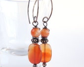 Orange Agate Earrings, Gemstone Beaded Dangle Earrings in Dark Copper, Bold Bright Orange Color Natural Stone Earrings, Bohemian, Sunset