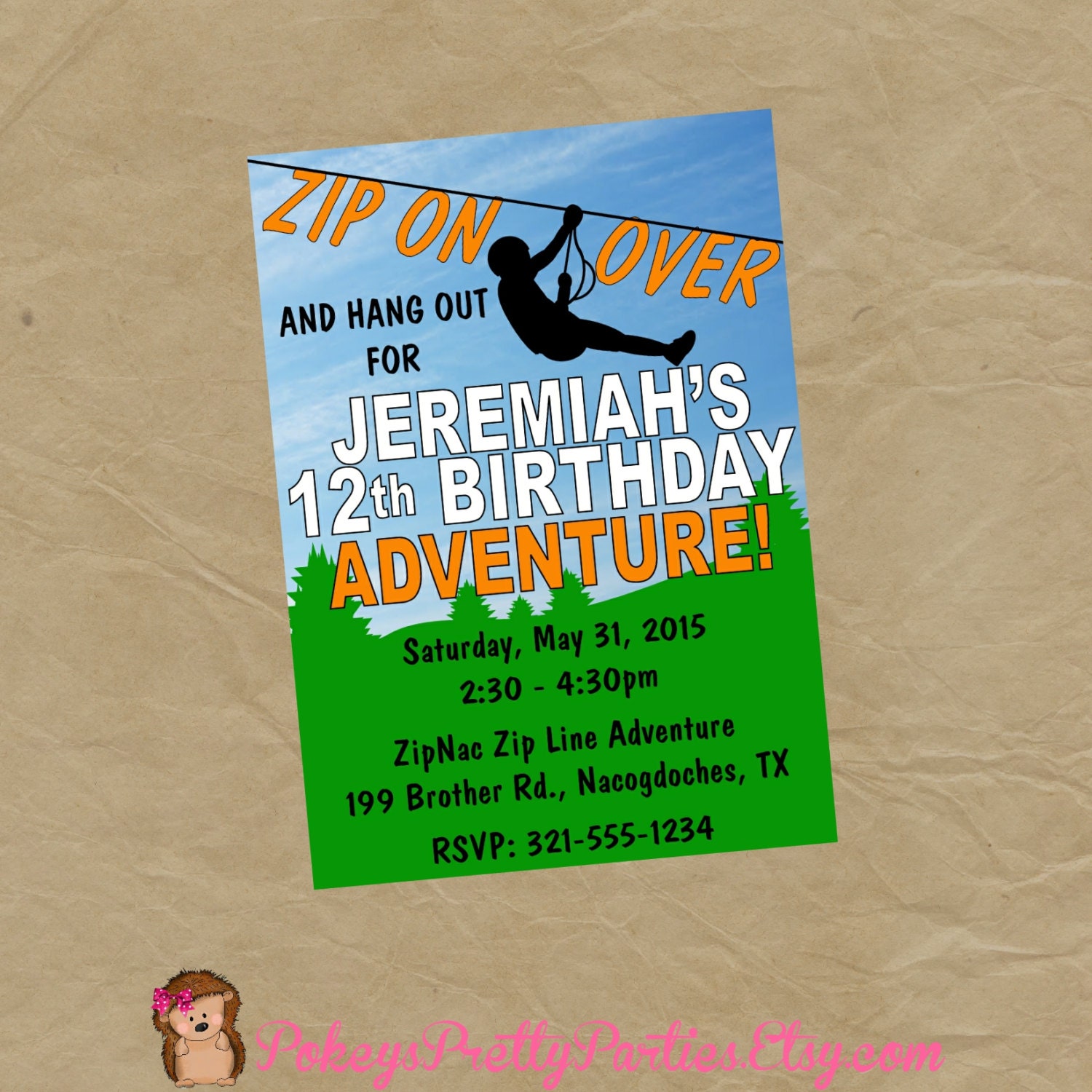 ZIPLINE Birthday Party Invitation Invite Zip Line Adventure