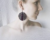 Limited edition designer earrings, modern, contemporary, handmade, lasercut wood, Swarovski crystals, black steel hooks, polymer clay