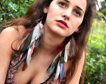 Forest Queen long feather earrings- Tribal feathers earrings-Colorful natural feathers-Earthy goddess earrings-Bohemian,wild, gypsy earrings