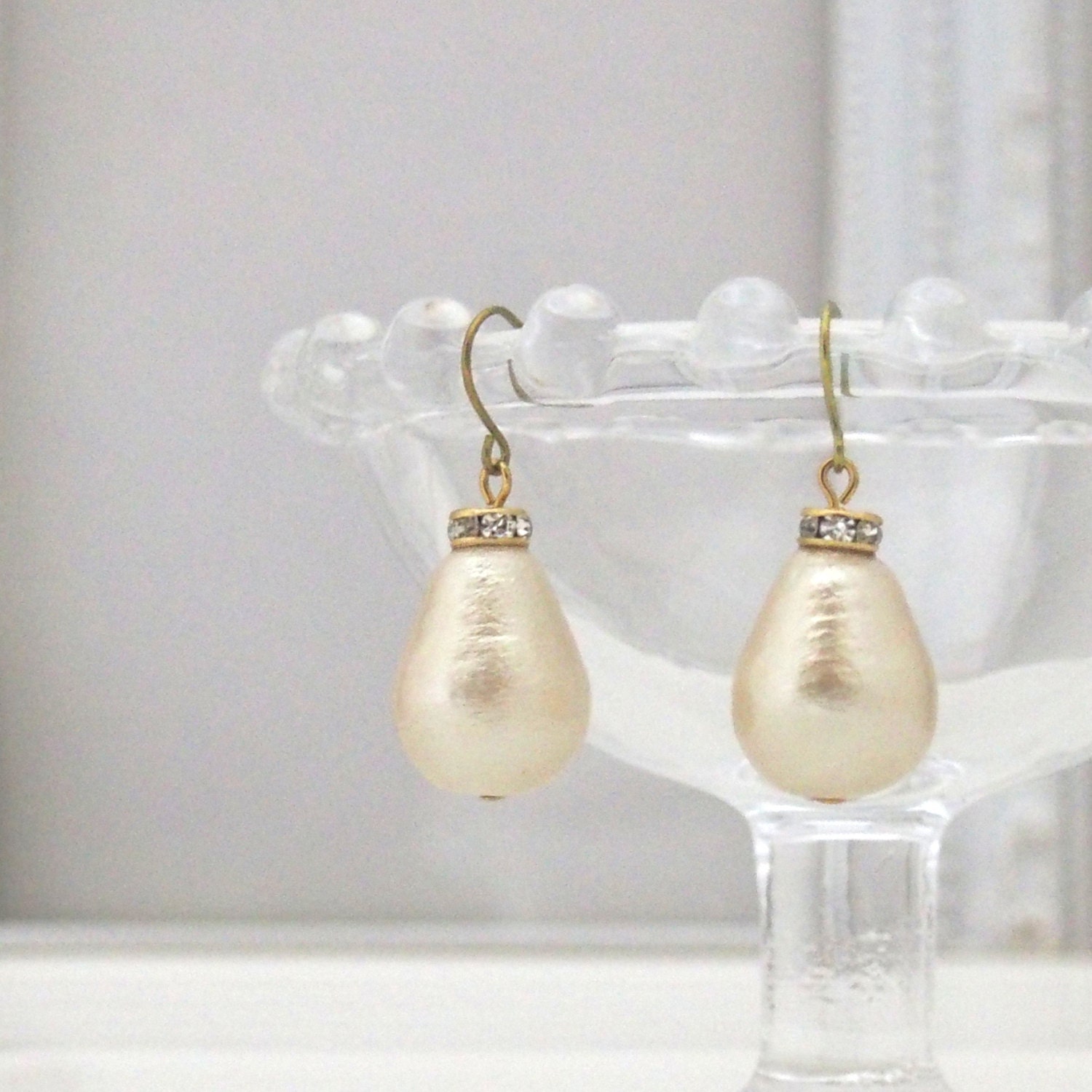 Classy Light Beige Dangle Teardrop Cotton Pearl Earrings