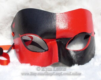 Harlequin Mask, Red and Black, Leather Masquerade Mask, Hero Mask, Villain Mask, Super Cosplay Costume, Masked Ball, Masquerade Domino Mask