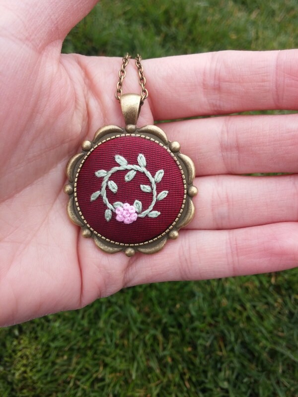 Embroidery art jewelry Hand embroidered flower pendant
