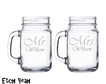 Mr. and Mrs. Mason Jar Mugs Personalized with Name / Set of 2 / Custom Engraved Beer Mugs Personalized Wedding Gift : Anniversary / 48 Fonts