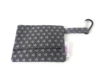 grey curve dog poop bag holder, grey mess/waste bag holder, dark grey curve dog walking bag,