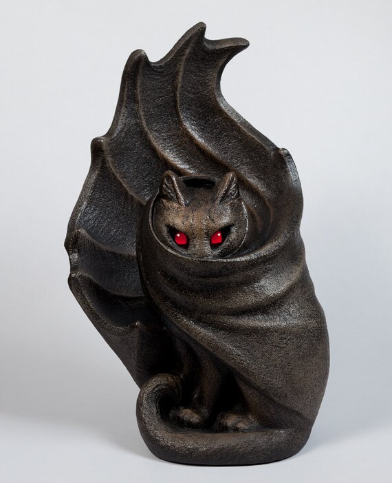 Winged Cat Candle Holder Dark Winged Grimalkin Windstone