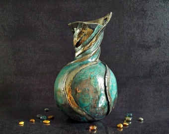 fine art ceramic Raku vase, turquoise ceramic vase, raku pottery vase, artistic vase, liberty vase, decorative vase, modern vase, gift idea