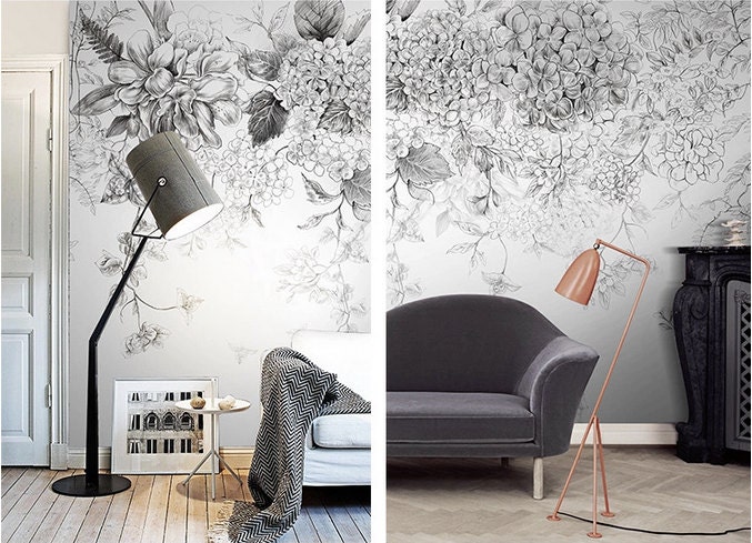 Sketch Flowers Wallpaper Black And White Poetry Fl Wall Living Room Retro Vintage Zoom
