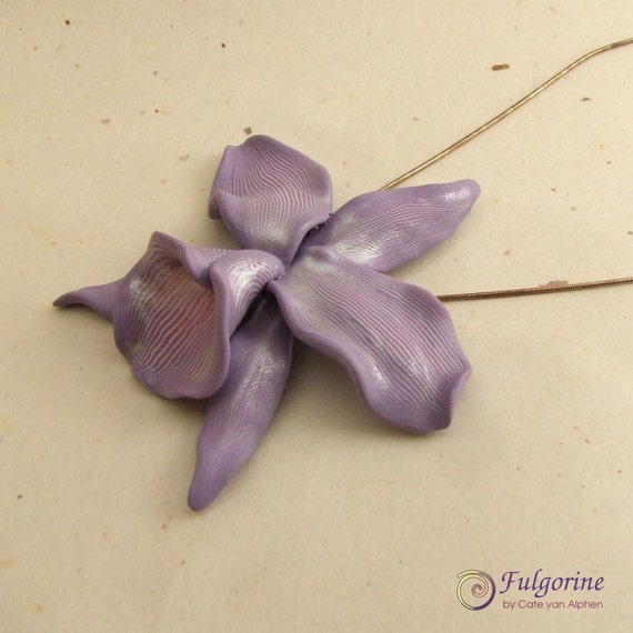 Purple pinstripe polymer clay orchid, unique focal bead slider pendant