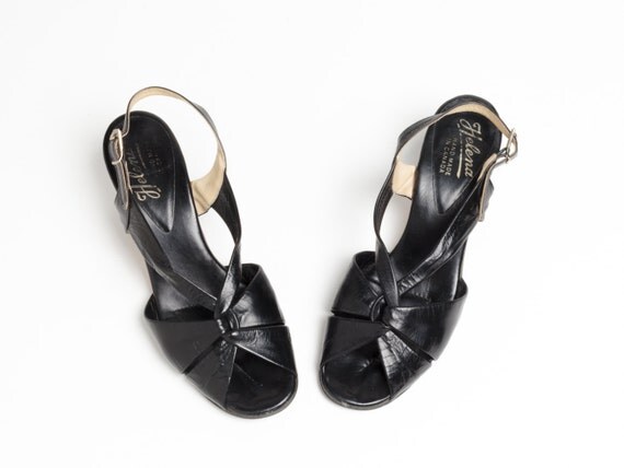 70s High Heels Black Leather Vintage Sandals Peep Toe