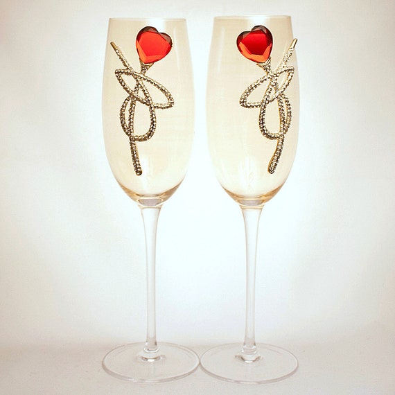 Champagne Flutes with Ruby Heart by on Etsy