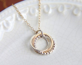 Three Ring Necklace, Mixed metal Necklace, Eternity Necklace, 3 Rings Necklace, Entwined Three Rings, 30th Birthday Gift, Anniversary Gift