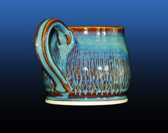 Coffee mug, unique coffee mugs, pottery mug, hand thrown, potbelly mug, 12 oz, pottery mugs with blue and brown glazes. Price for one cup