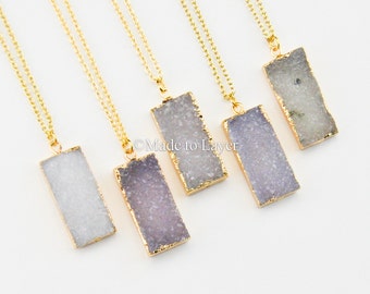 Druzy Bar Geode Necklace Jewelry Druzy Rectangle ,Bar Shape Geode Druzy Gold Filled Necklace, Boho Bohemian Layered Layering Sparkly