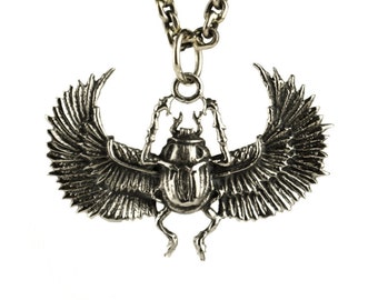 Egypt Scarab Necklace Antique Silver Color Bronze Pendant with Handmade Chain Bohemian Jewelry - FPE014