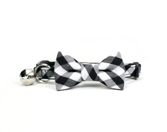 Black White Gingham Cat Bow Tie Collar Check Bowtie Breakaway Safety with Bell