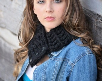 Black Scarflette Womens Scarf Womens Scarflette Black Scarf Button Scarflette Crochet Scarf Knit like Womans Scarf Womens Cowl Neckwarmer