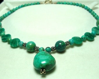 Turquoise Nugget Necklace Genuine Natural Turquoise Large Polished Nugget Pendant with Russian Amazonite Beads and Sterling beads and Toggle