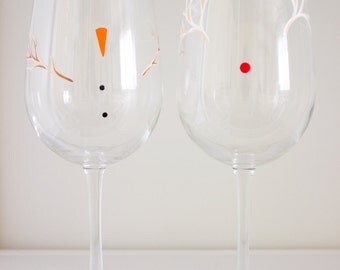Rudolph the Red Nosed Reindeer and Frosty the Snowman - Noses of the Season- Hand Painted Wine Glasses - Set of 2