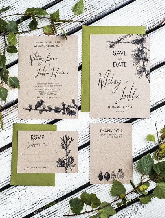 Rustic Pine Tree Wedding Invitation Set of 4 by 3EggsDesign