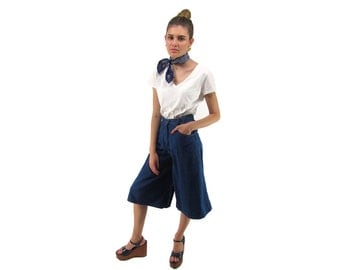 Vintage 70s Denim Culottes, High-Waist Culottes, Flared, Hippie, Bohemian, Jean Gaucho Pants Δ size: xs / md