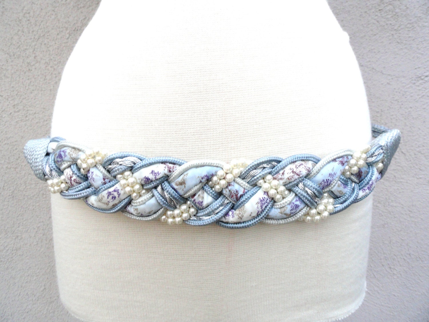 Vintage Beautiful Light Blue Pearl Twist Rope Belt // Sky Pale Blue