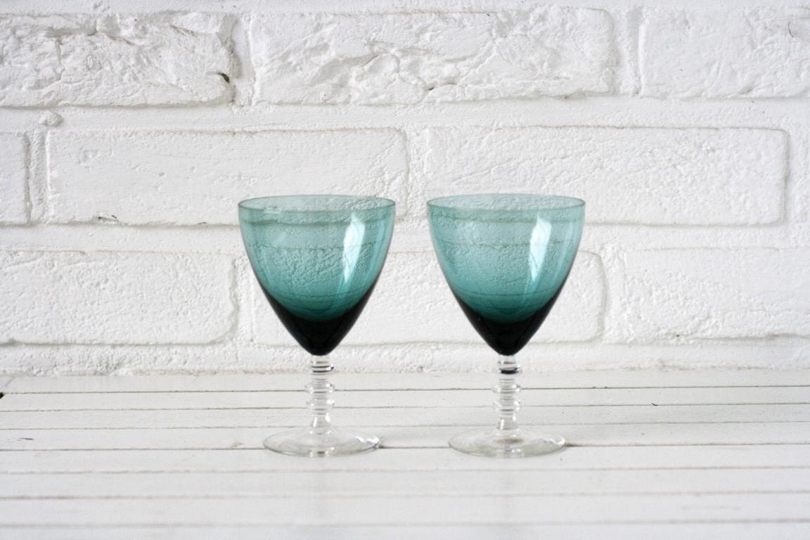 Vintage Pair of Jade Green Coloured Water Drinking Glasses Haute Juice
