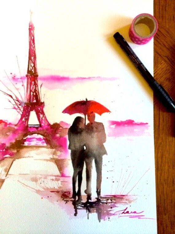 Paris Romantic Travel Giclee Print on Canvas Couple with Red