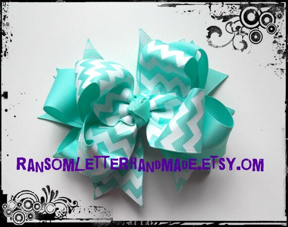 Items similar to Girl's Aqua Blue Hair Bow Chevron Ribbon Bows Aqua ...