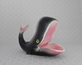 Atlas Whale Figurine, Mid Century Decor, Black Pink Whale, Whale Valet, Animal Trinket Dish, Storage Container, Porcelain Whale, 1950s Decor