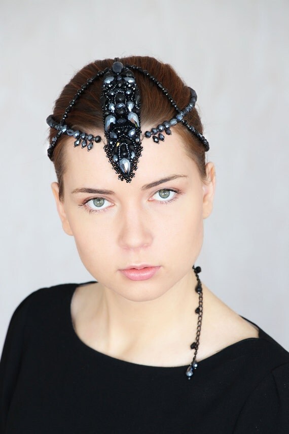 Black crystal women head piece fashion by RasaVilJewelry on Etsy