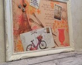 Tableau d'affichage babillard aimanté recouvert tissu Paris bicyclette carte postale organisation bureau pour femme fille orange crème