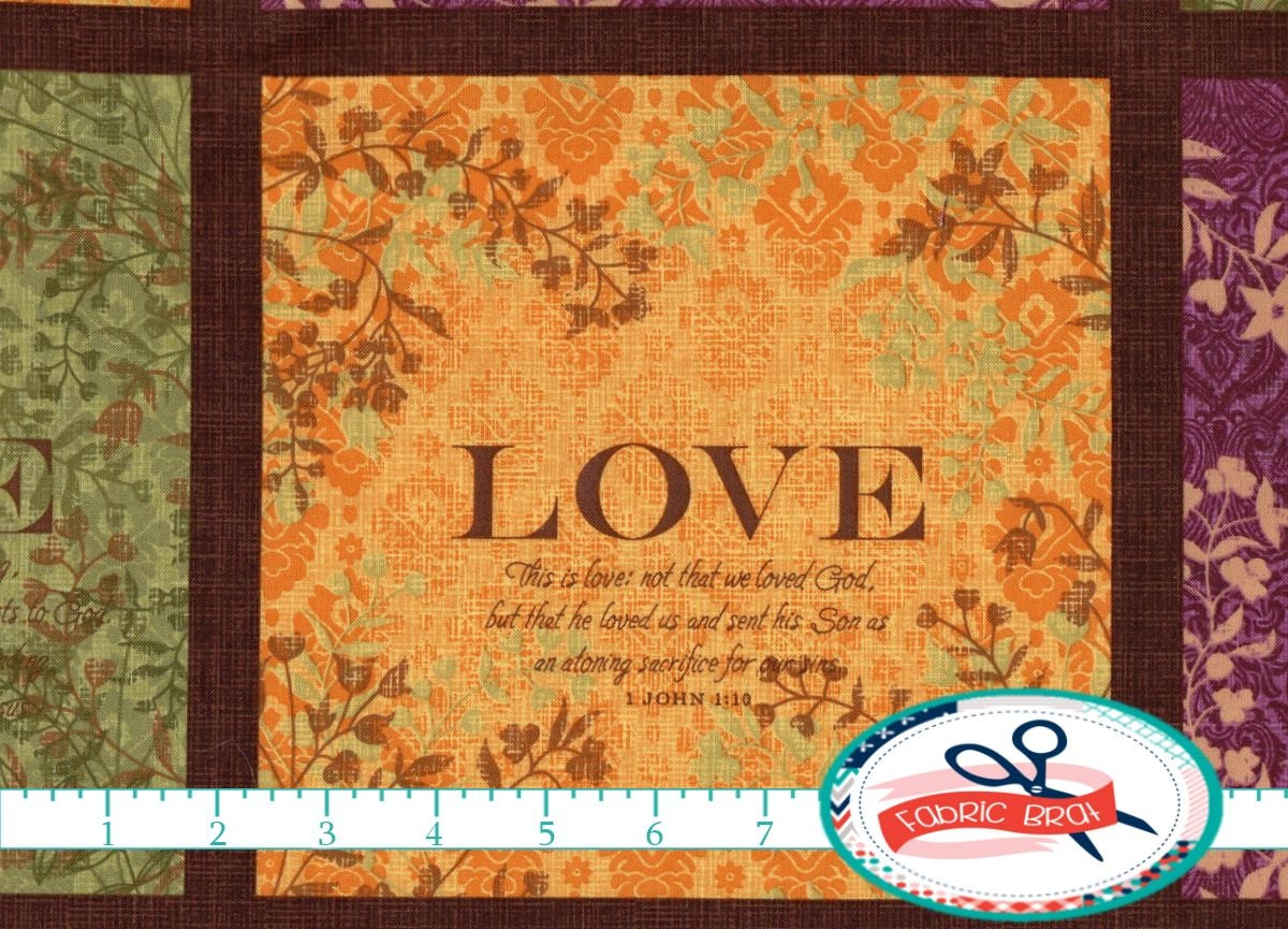 LOVE Fabric by the Panel Gold Plum Green Fabric Inspirational