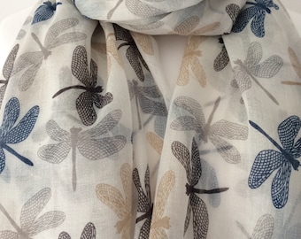 Cream Dragonfly Scarf, Ivory Wrap Shawl, Dragonfly Print Scarf, Blue and Black Dragonflys Sarong