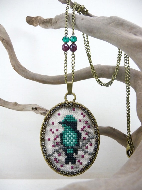 Items similar to Emerald Green Bird Cross Stitch Pendant Necklace, Cross Stitch Necklace, Cross