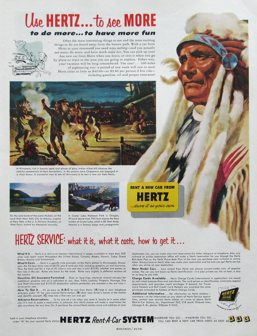 1953 Herz Rental Car Ad Chippewa Indian Native American