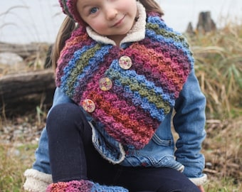 Crochet Scarf Pattern: 'Button Wrap Scarf with Headband & Boot Cuffs, Child-Women, Easy Crochet