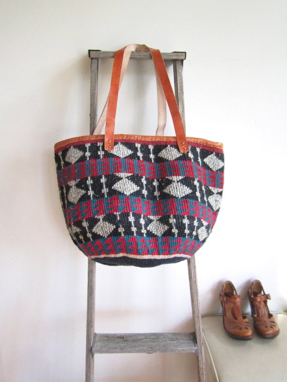 Large Woven Tote Bag with Leather Shoulder Straps by Ikavu