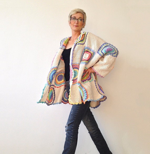 Plus Size Clothing, Plus Size Women's Cardigan Sweater Beige with Crochet Circles - MADE TO ORDER