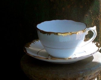 Vintage Coalport Tea Cup and Saucer, England, Hand Painted Gold and White, Fine China, Admiral Teacup, Dinnerware, Cottage Decor