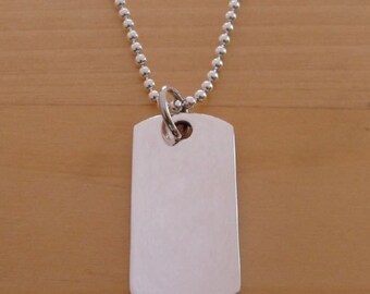 925 Sterling Silver Heavy Solid Dog Tag on 19" / 48 cm & 2 mm Silver Ball Chain