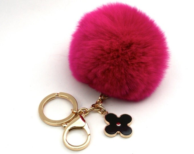 Pom-Perfect Fuchsia REX Rabbit fur pom pom ball with black flower keychain