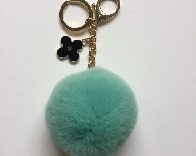 Candy Green fur pom pom keychain REX Rabbit fur pom pom ball with flower bag charm