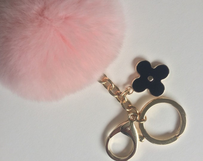 Light pink pom pom keychain REX Rabbit fur pom pom ball with flower bag charm