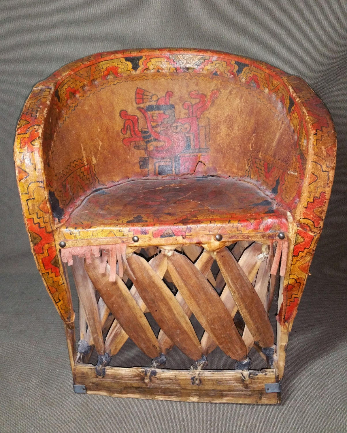 Antique Mexican Equipale Child’s Chair Hand Painted AZTEC DESIGN One of