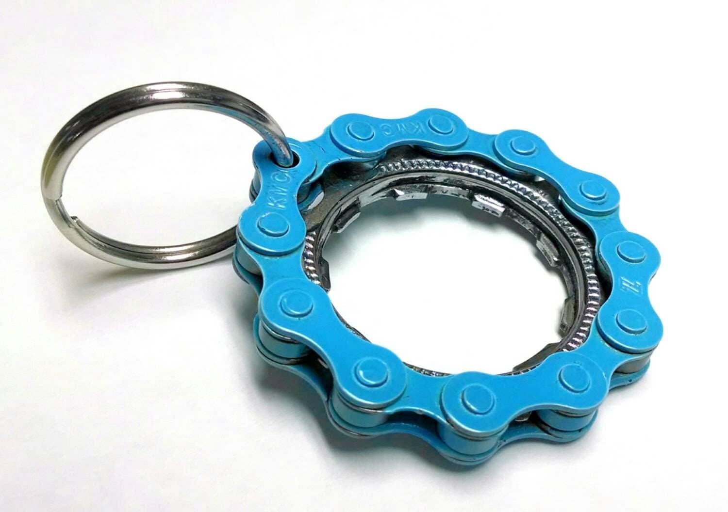 Bicycle Gear and Chain Key Ring in Light Blue. Cyclist