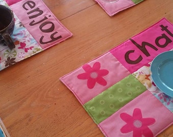 Fun Quilted Place Mats, "Chat", "Drink", Enjoy" Place Mats, Quilted Place Mats - SET OF 3