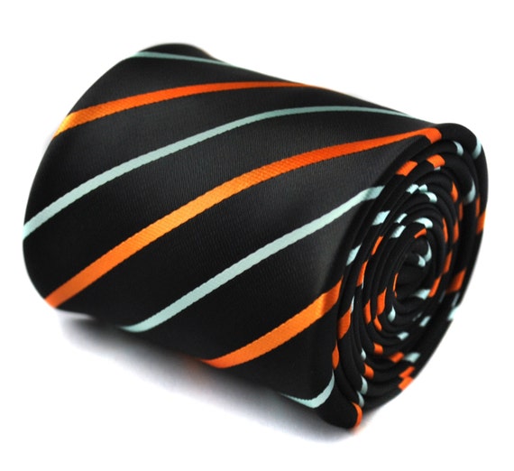 navy tie with orange and light blue stripes with signature