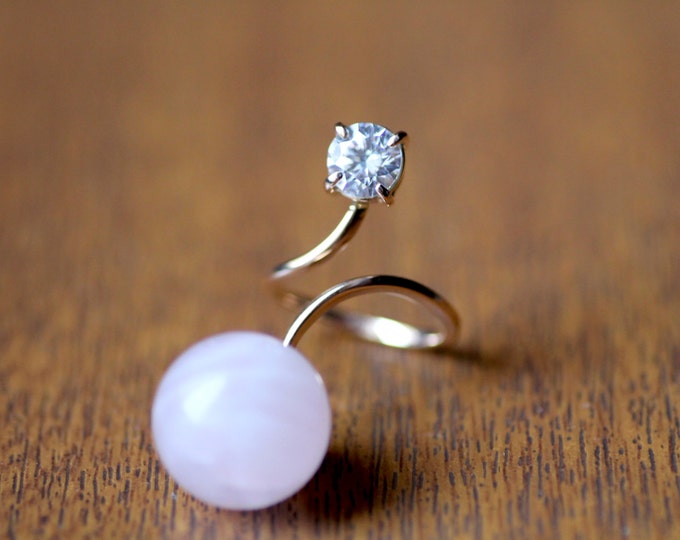 Rose quartz ring Cubic zirconia ring Ring with quartz Pink stone ring Natural stone Fashion ring Gift idea Bridesmaid ring